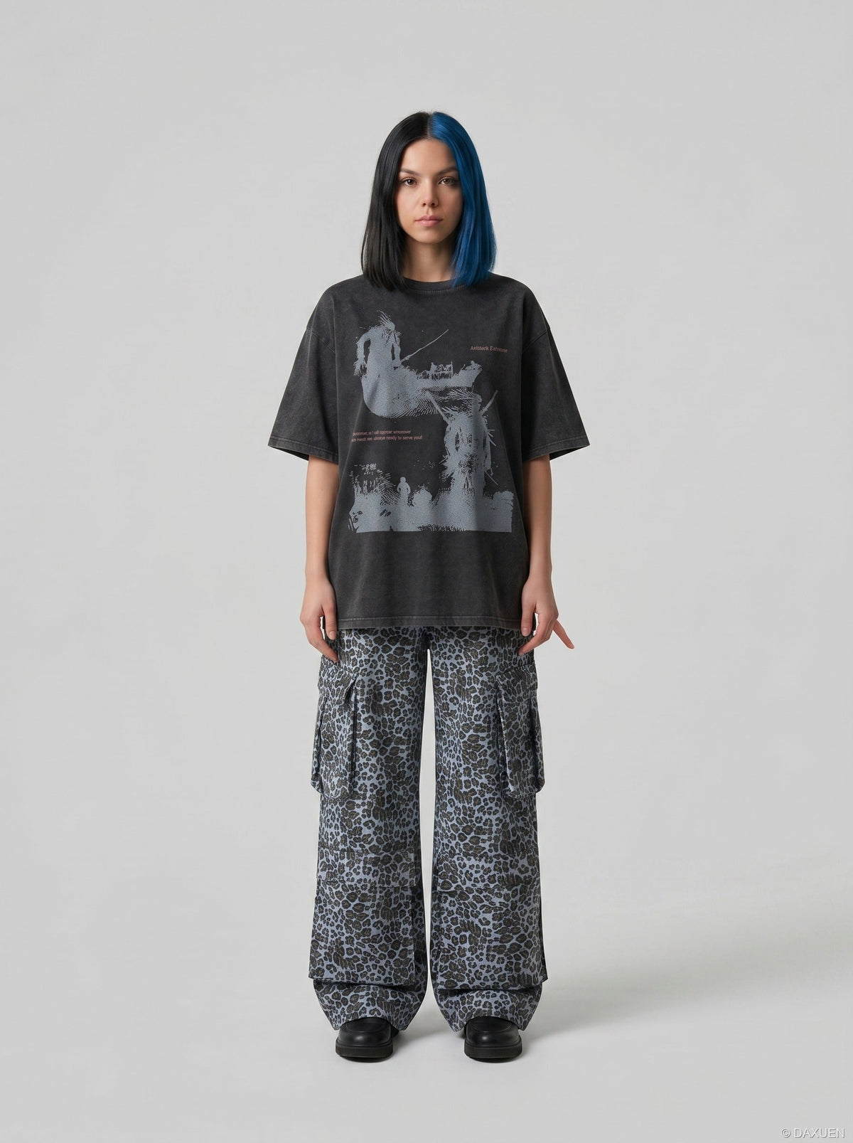 DAXUEN distressed illustrative graphic tee — model photo
