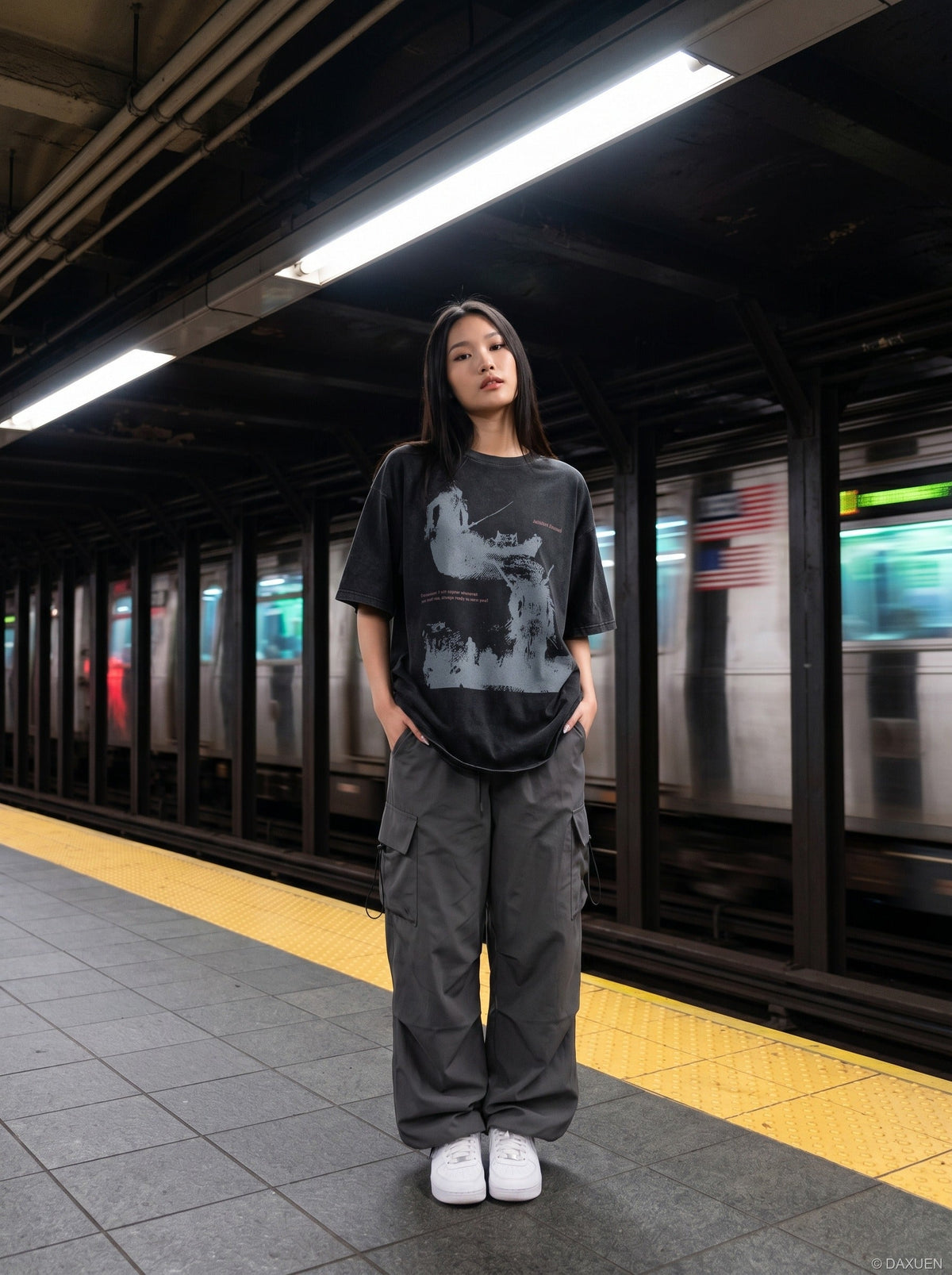 DAXUEN distressed illustrative graphic tee — model photo