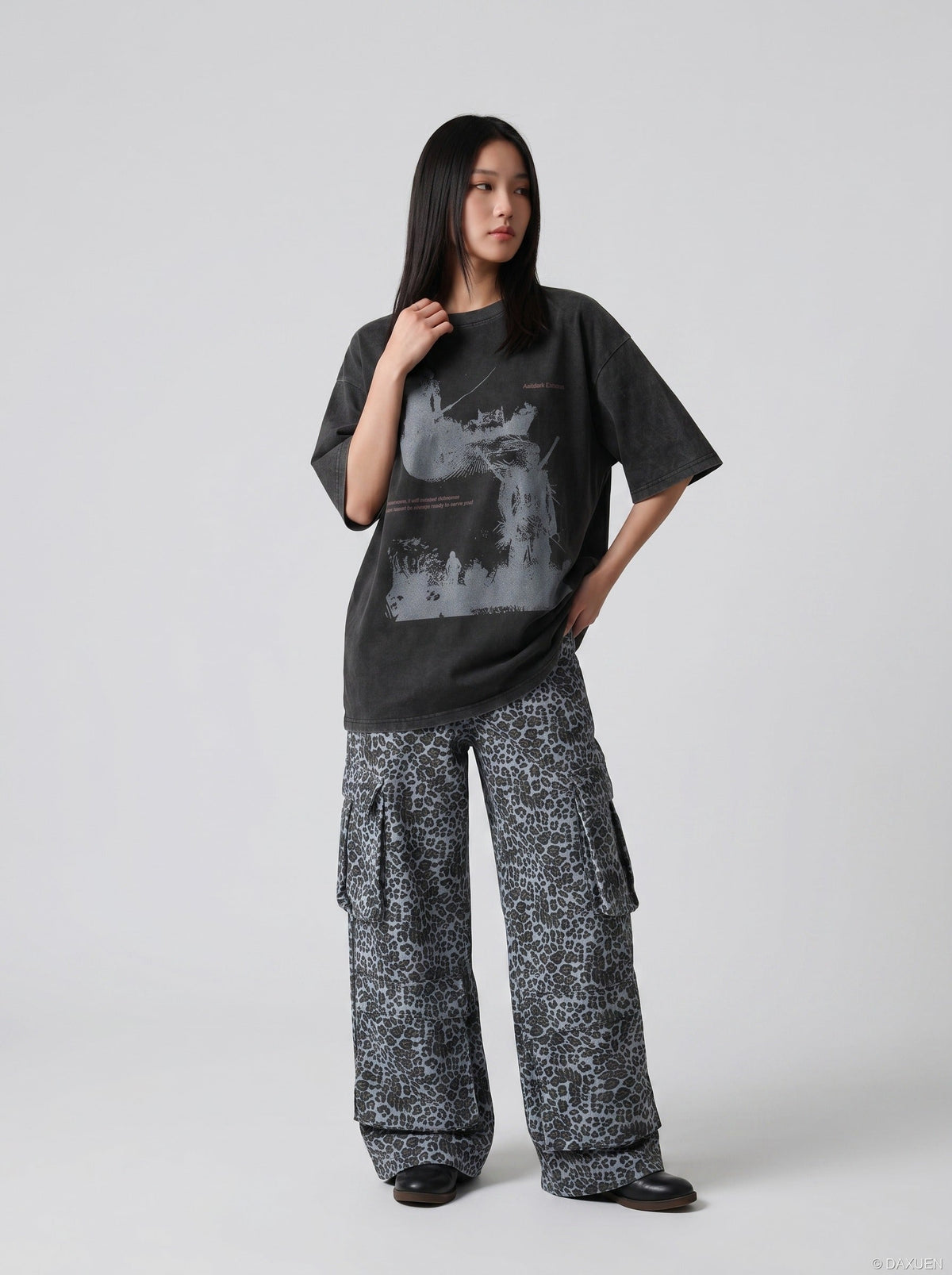 DAXUEN distressed illustrative graphic tee — model photo