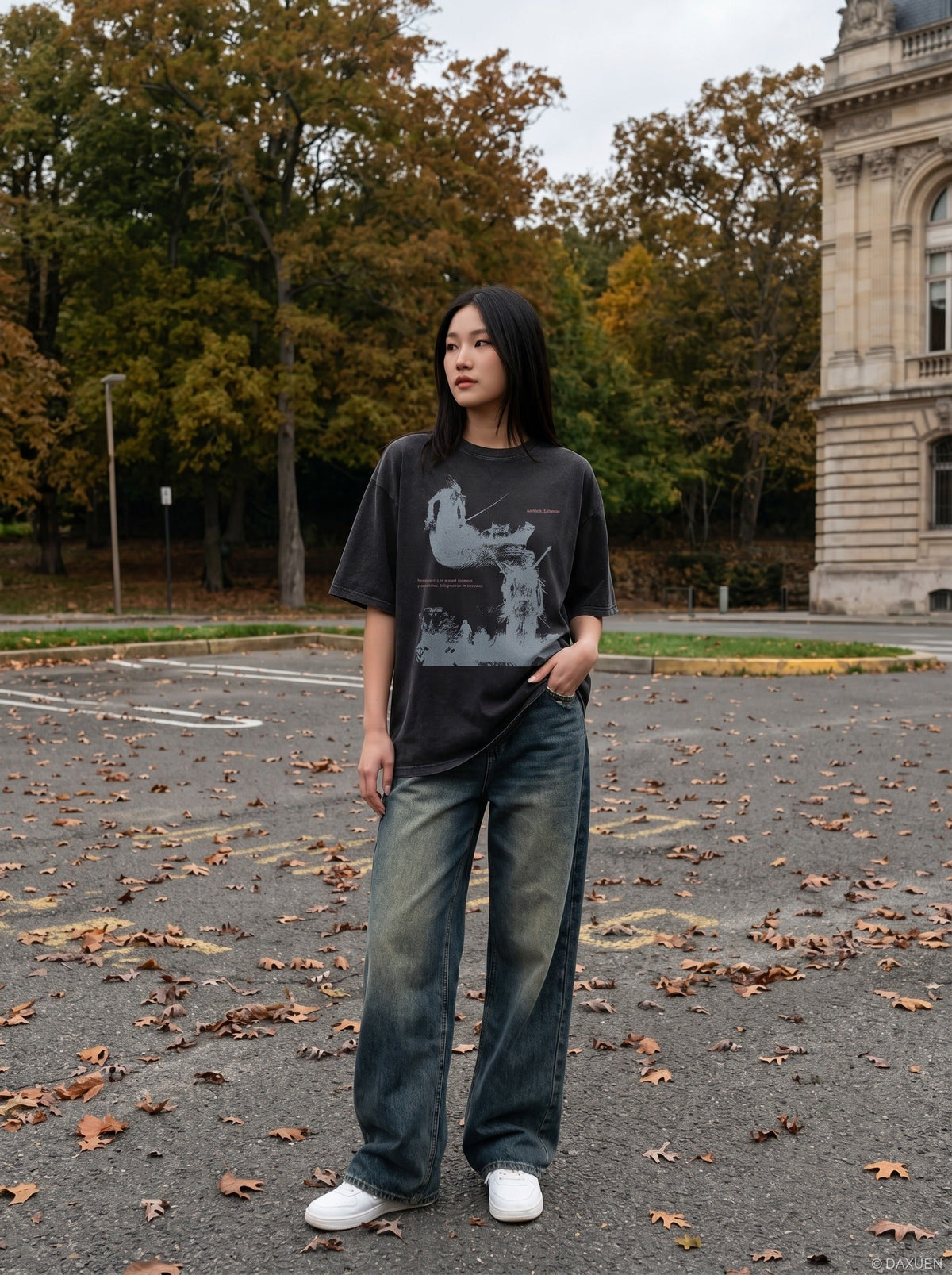 DAXUEN distressed illustrative graphic tee — model photo