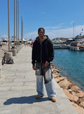 DAXUEN charcoal and light blue distressed wide-leg pants — model photo