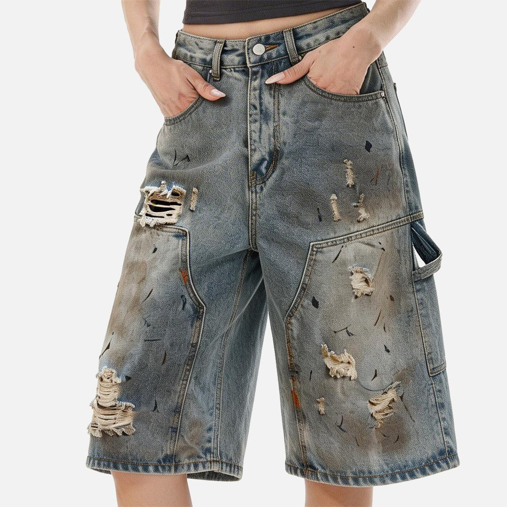 Distressed Light Blue Denim Utility Short