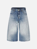 DAXUEN medium blue distressed wide-leg denim culottes