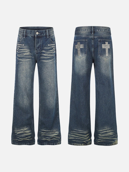 DAXUEN medium wash distressed wide-leg jeans with studs