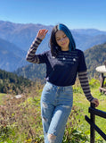 DAXUEN navy layered look long-sleeve t-shirt with distressed graphics — model photo