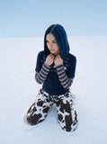 DAXUEN navy layered look long-sleeve t-shirt with distressed graphics — model photo