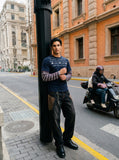 DAXUEN navy layered look long-sleeve t-shirt with distressed graphics — model photo