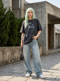 DAXUEN faded blue-grey oversized 'NOT TODAY DEVIL' graphic tee — model photo
