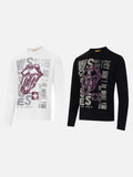 DAXUEN black long-sleeve tee with distressed open-mouth graphic
