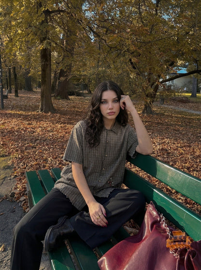 DAXUEN Oversized plaid button-up shirt with embroidery — model photo