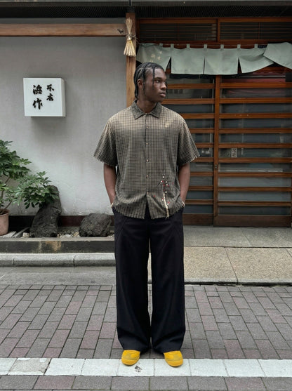 DAXUEN Oversized plaid button-up shirt with embroidery — model photo