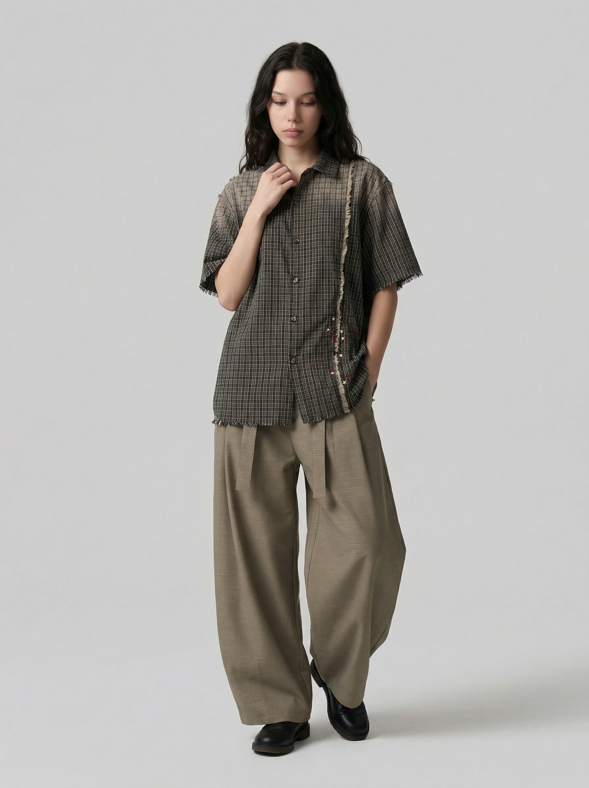 DAXUEN Oversized plaid button-up shirt with embroidery — model photo