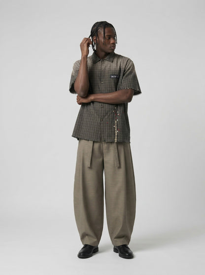 DAXUEN Oversized plaid button-up shirt with embroidery — model photo