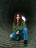 DAXUEN Distressed medium-blue wide leg denim jeans with paint splatters — model photo
