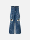 DAXUEN Distressed medium-blue wide leg denim jeans with paint splatters