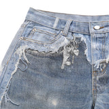 DAXUEN light to medium blue distressed patchwork wide-leg denim jeans