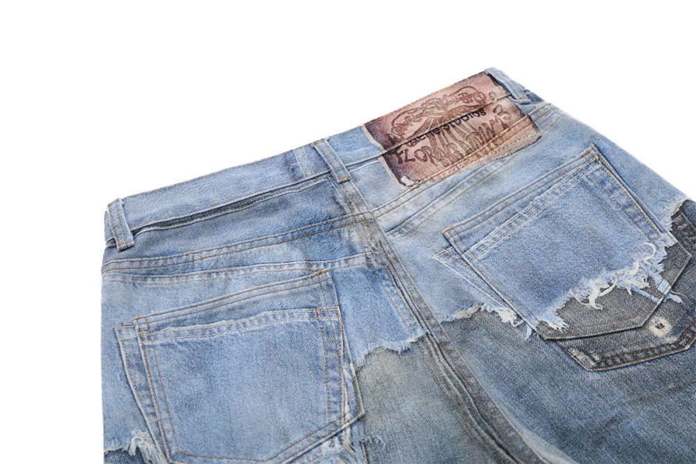 Distressed Patchwork Wide-Leg Denim Short
