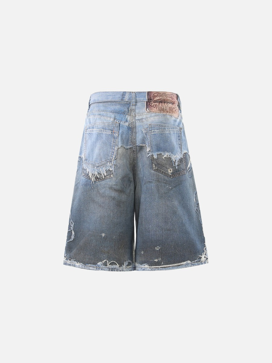 Distressed Patchwork Wide-Leg Short