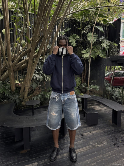 Distressed Patchwork Wide-Leg Denim Short