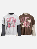 DAXUEN brown oversized distressed pink block graphic layered tee