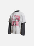DAXUEN brown oversized distressed pink block graphic layered tee