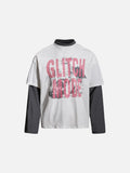 DAXUEN brown oversized distressed pink block graphic layered tee