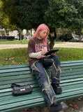 DAXUEN brown oversized distressed pink block graphic layered tee — model photo
