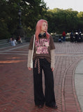DAXUEN brown oversized distressed pink block graphic layered tee — model photo