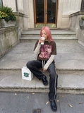 DAXUEN brown oversized distressed pink block graphic layered tee — model photo