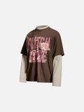 DAXUEN brown oversized distressed pink block graphic layered tee