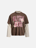 DAXUEN brown oversized distressed pink block graphic layered tee