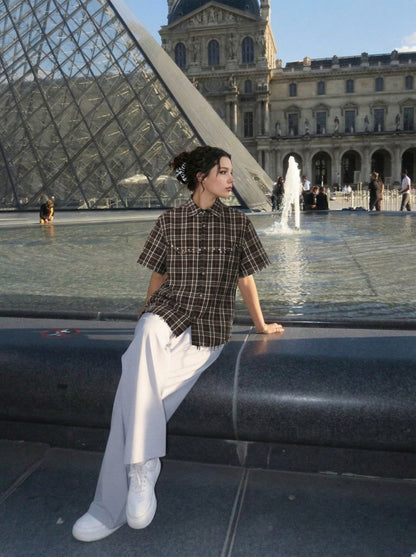 DAXUEN Distressed plaid button-up shirt with frayed edges — model photo