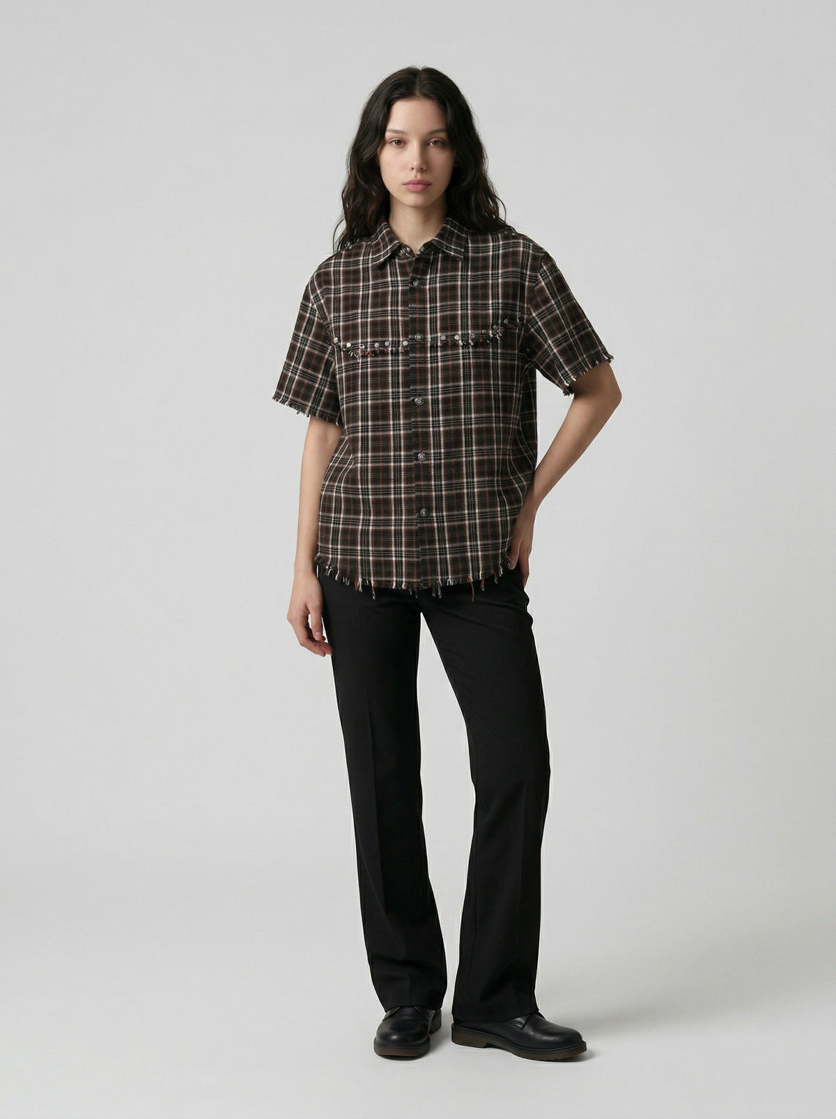 DAXUEN Distressed plaid button-up shirt with frayed edges — model photo