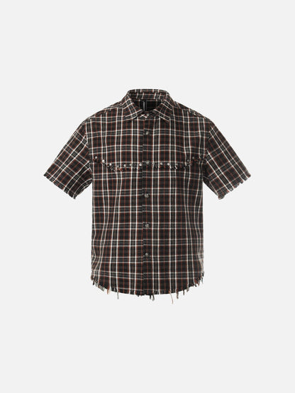DAXUEN Distressed plaid button-up shirt with frayed edges