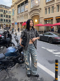 DAXUEN blue and black distressed plaid button-up shirt — model photo