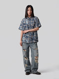 DAXUEN blue and black distressed plaid button-up shirt — model photo