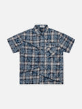 DAXUEN blue and black distressed plaid button-up shirt