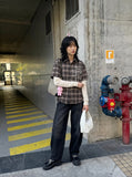 DAXUEN brown plaid faux-layered button-up shirt — model photo