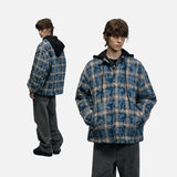 DAXUEN Oversized padded plaid jacket with detachable hood — model photo