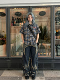 DAXUEN Distressed plaid short-sleeved shirt with embroidery — model photo