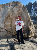 DAXUEN black oversized distressed portrait grid graphic tee — model photo