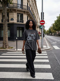 DAXUEN washed black oversized distressed portraits graphic tee — model photo