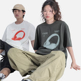 DAXUEN light grey oversized distressed red headphones graphic tee