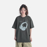 DAXUEN light grey oversized distressed red headphones graphic tee