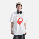 DAXUEN light grey oversized distressed red headphones graphic tee