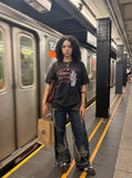 DAXUEN washed black oversized distressed stripes soldier tee — model photo