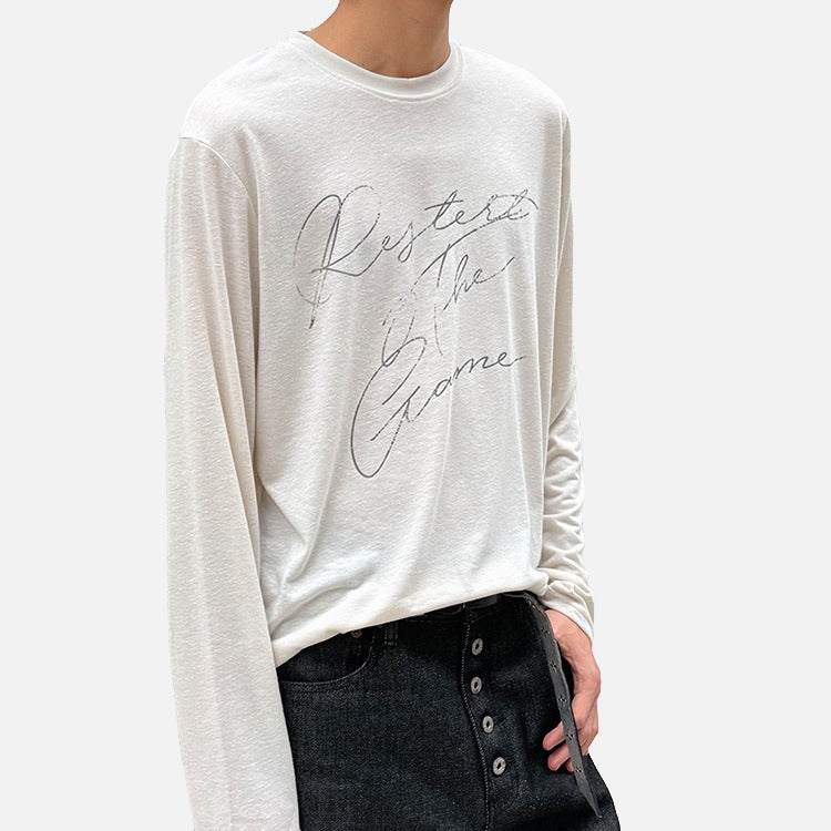 DAXUEN Distressed script long sleeve t-shirt in beige and grey — model photo