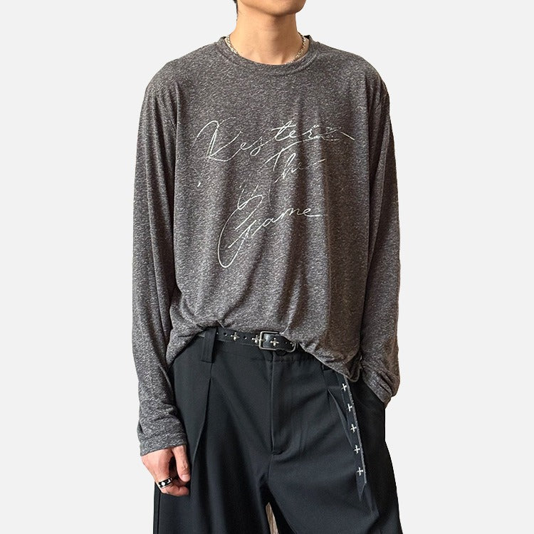 DAXUEN Distressed script long sleeve t-shirt in beige and grey — model photo