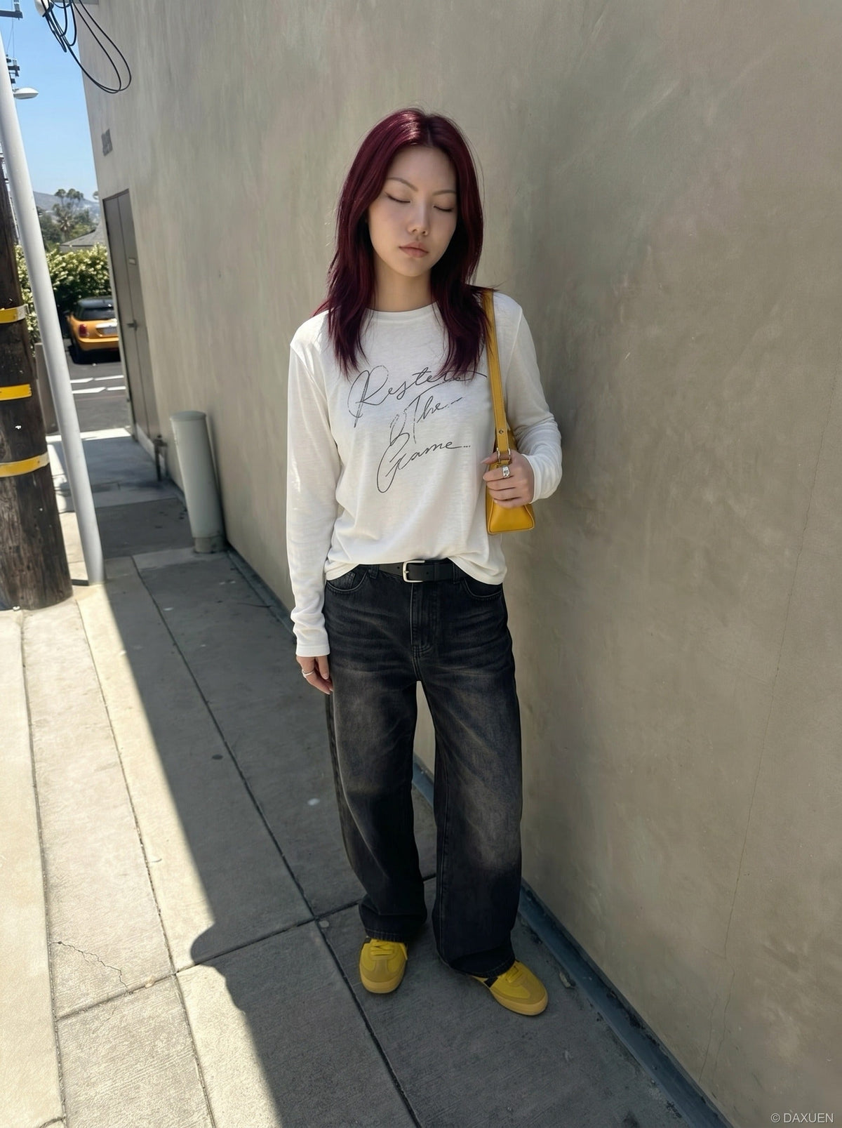 DAXUEN Distressed script long sleeve t-shirt in beige and grey