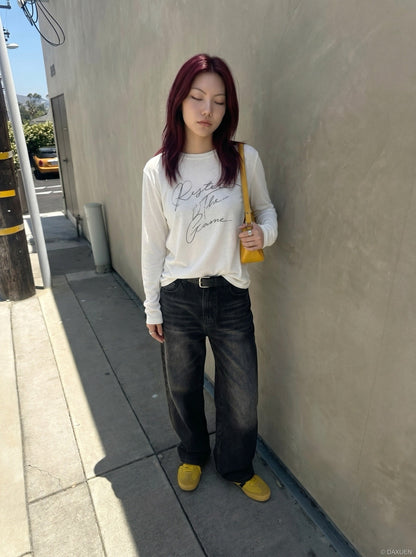 DAXUEN Distressed script long sleeve t-shirt in beige and grey